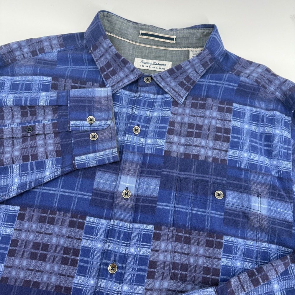 Tommy Bahama Canyon Beach Flannel Blue Patchwork Plaid Shirt XXL Long Sleeve